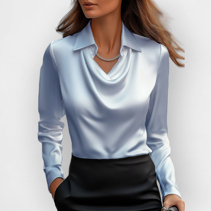 Elegant Women's Satin Blouse with Waterfall Collar - Refined Blouse for Business and Special Occasions