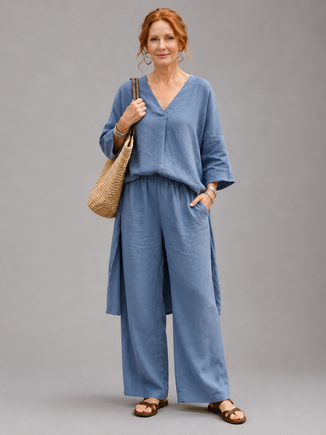 Comfortable Casual Women's Tunic Top & Wide Leg Pant Set