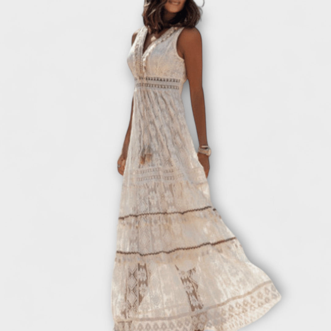Elegant Women's Boho Maxi Dress with Lace Accents - A-Line Silhouette
