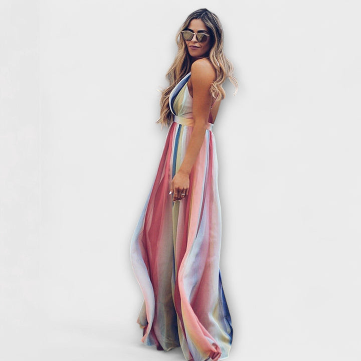 Multicolor Striped Women's Maxi Dress with V-Neck - Elegant Summer Dress
