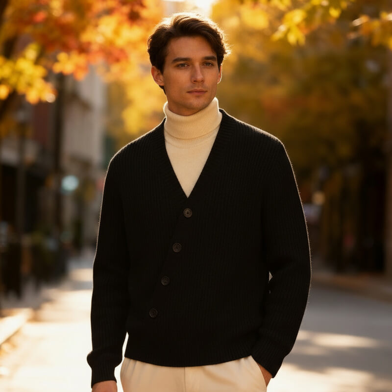 Men's Ribbed Knit V-Neck Cardigan - Soft and Versatile