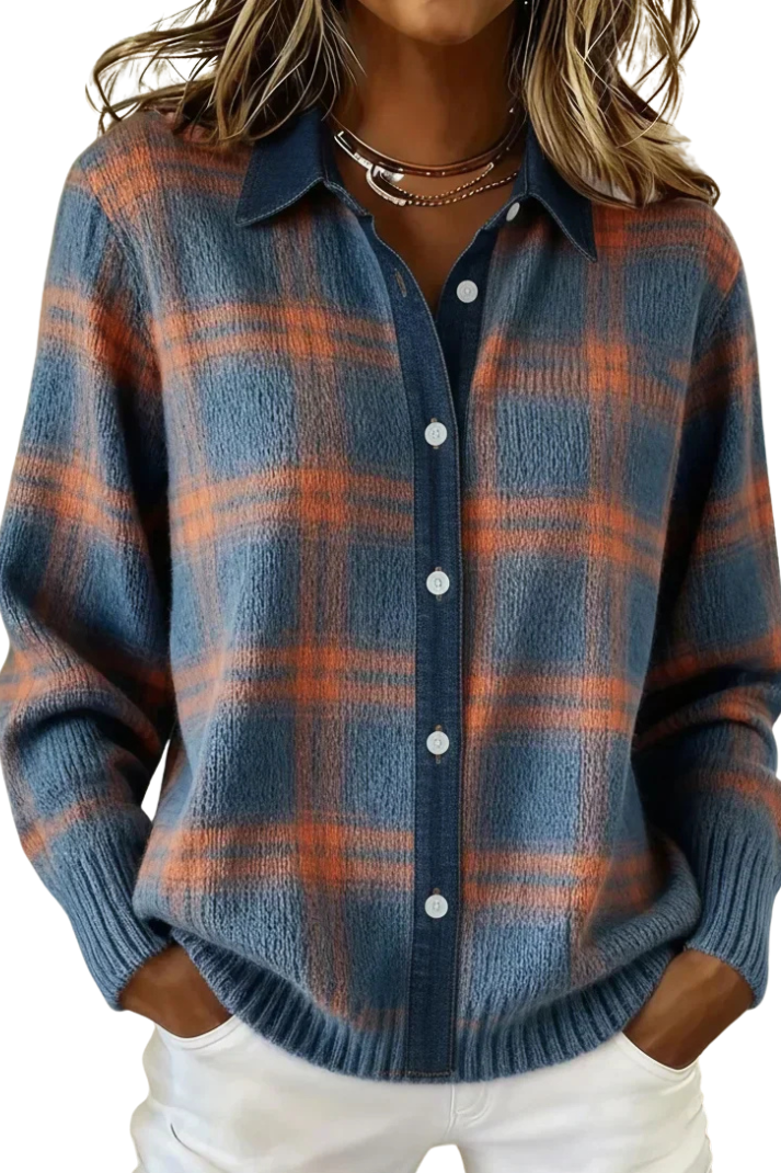 Women's Plaid Knit Blouse with Button Placket