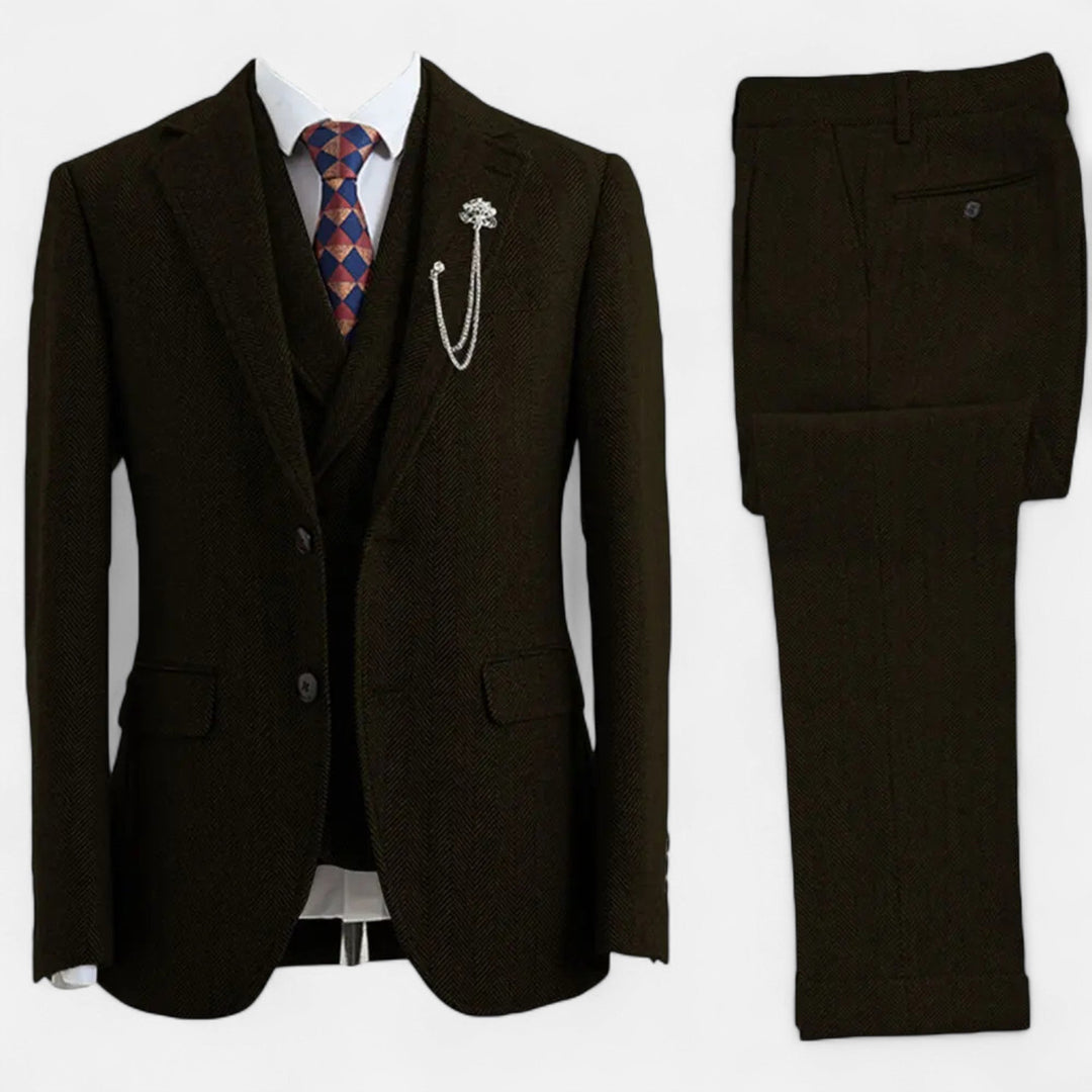 Elegant Tweed Herringbone Men's Suit Three-Piece Double-Breasted
