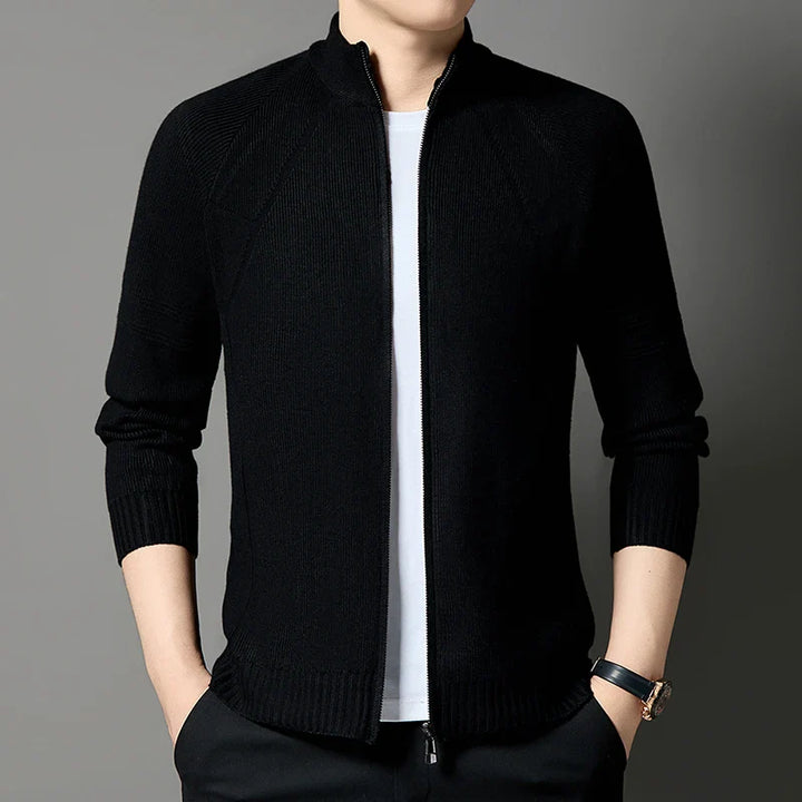 Men's Knitted Cardigan with Stand Collar - Full Zip and Wool Blend