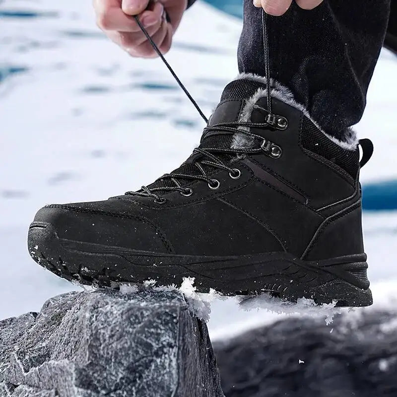 Men's Warm Winter Boots with Faux Fur Upper - Ankle-High Lace-Up Boots