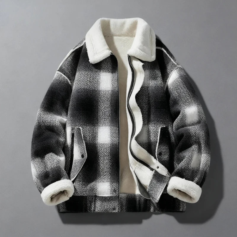 Men's Wool Jacket with Velvet Lining - Textured Plaid Weave and Reinforced Collar