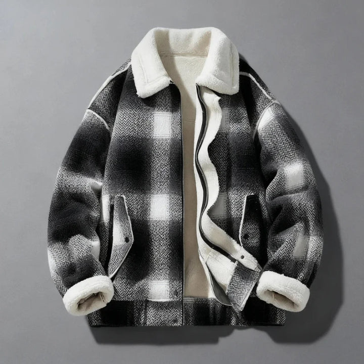 Men's Wool Jacket with Velvet Lining - Textured Plaid Weave and Reinforced Collar