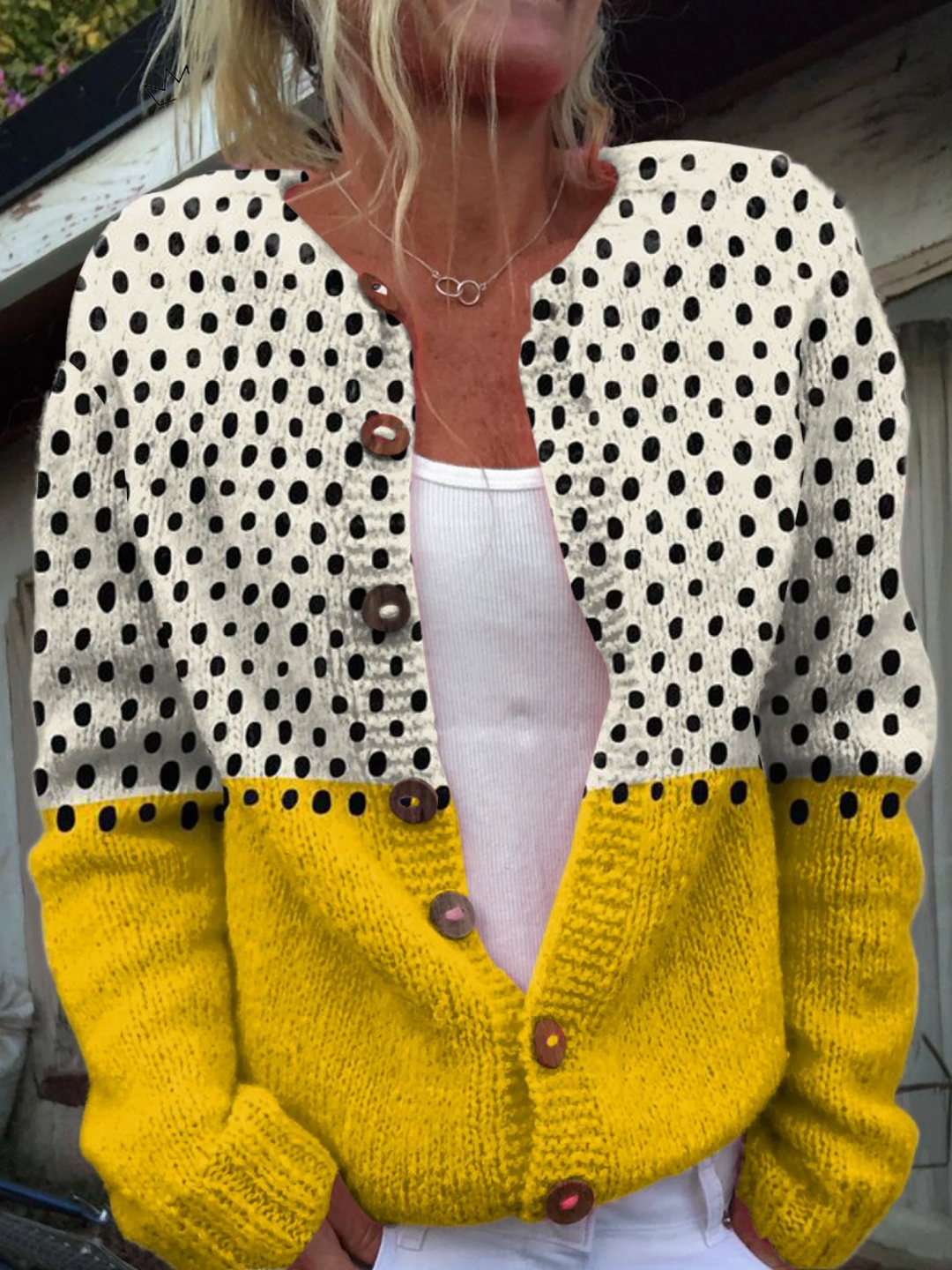 Women's Cardigan with Yellow Polka Dots - Lightweight Knit Cardigan with Buttons