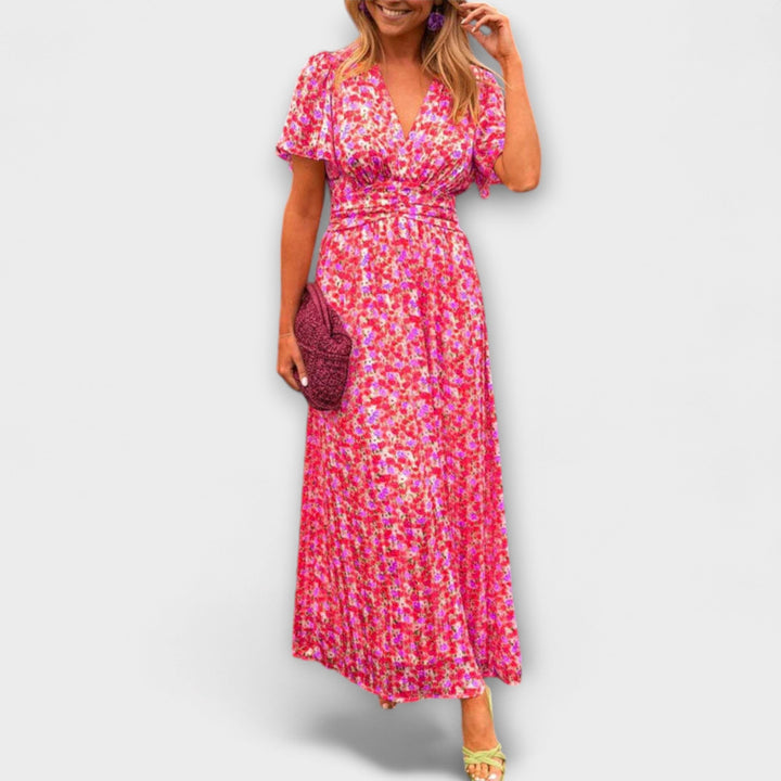 Classic Women's V-Neck Dress with Floral Pattern - Short Sleeve