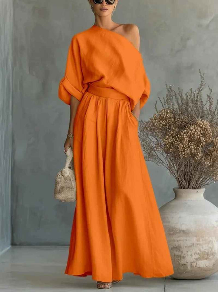 Relaxed Off-Shoulder Women's Linen Set with Tapered Pants