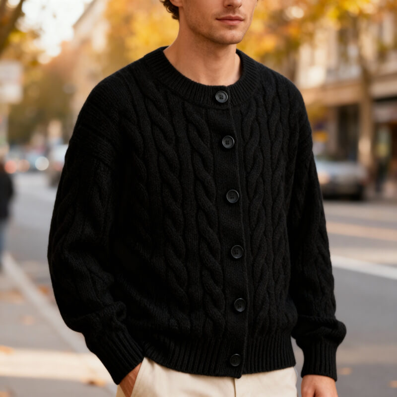 Classic Men's Cable Knit Cardigan with Button Placket
