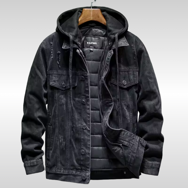 Men's Lined Denim Jacket with Removable Hood for Winter