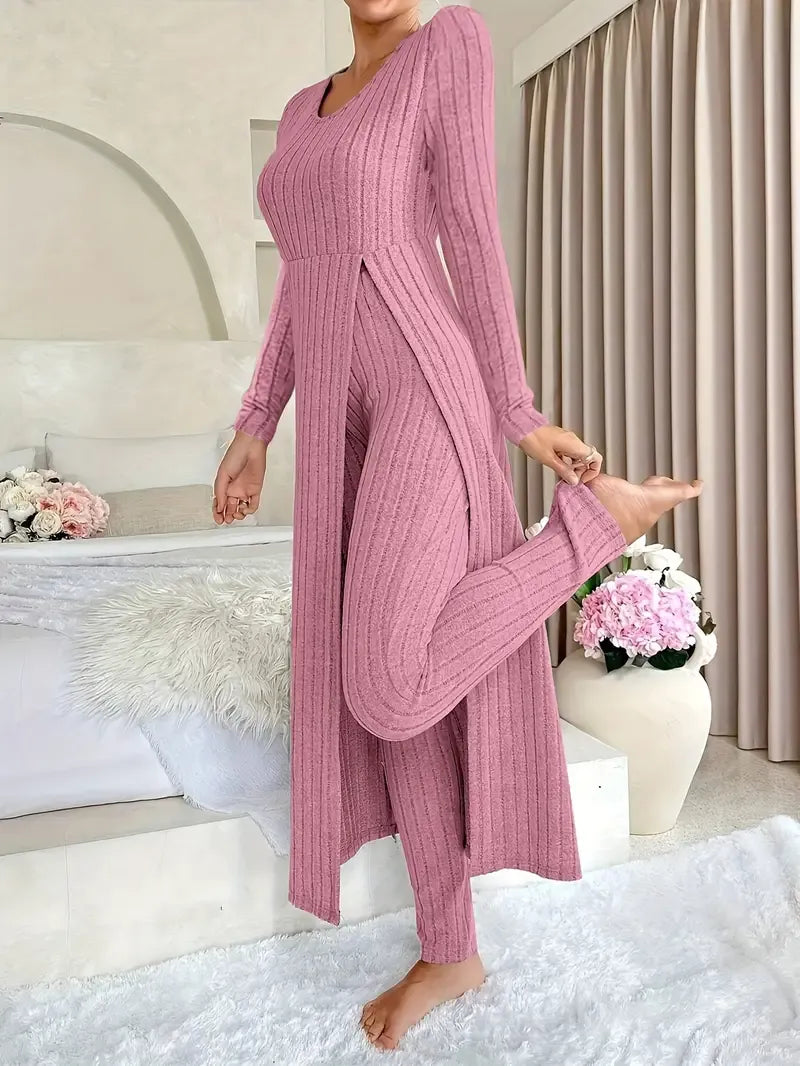 Women's Ribbed Set in Soft Rib Knit - Long Sleeve Top with Matching Pants