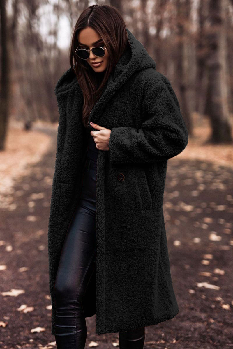 Women's Teddy Winter Coat Long with Hood - Elegant Warm Wool Coat