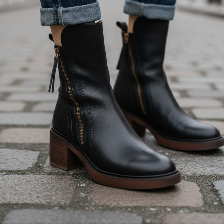 Elegant Women's Leather Ankle Boots with Block Heel - Comfortable Ankle Boots