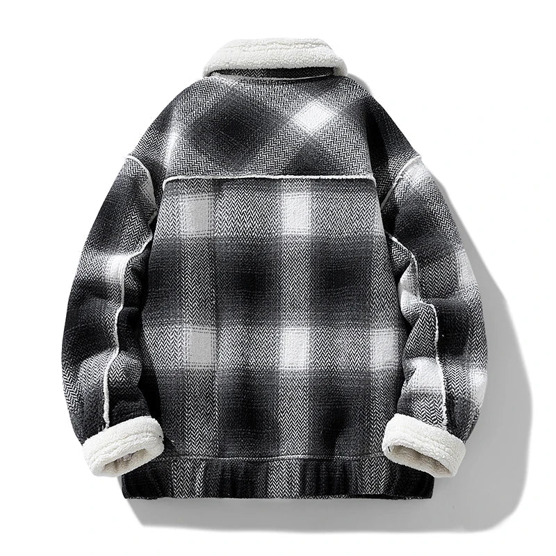 Men's Wool Jacket with Velvet Lining - Textured Plaid Weave and Reinforced Collar