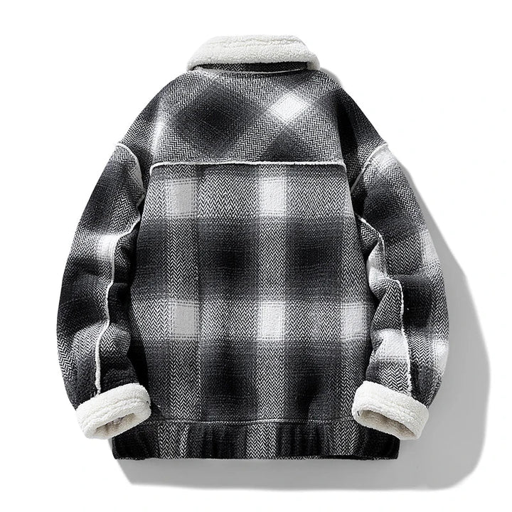 Men's Wool Jacket with Velvet Lining - Textured Plaid Weave and Reinforced Collar