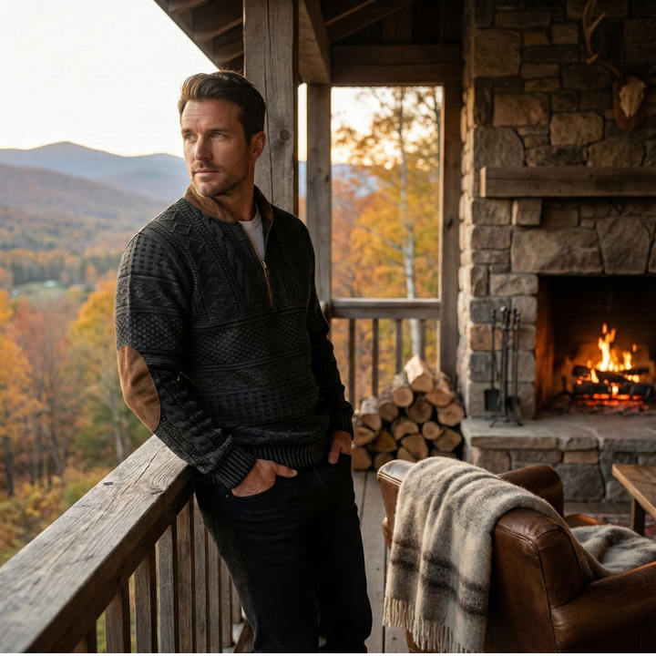 Stylish Casual Men's Half Zip Sweater with Elbow Patches