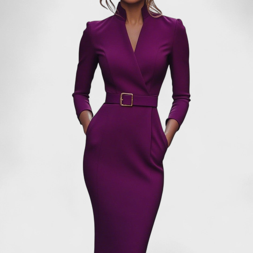 Elegant Women's Dress with Belt and Stand Collar