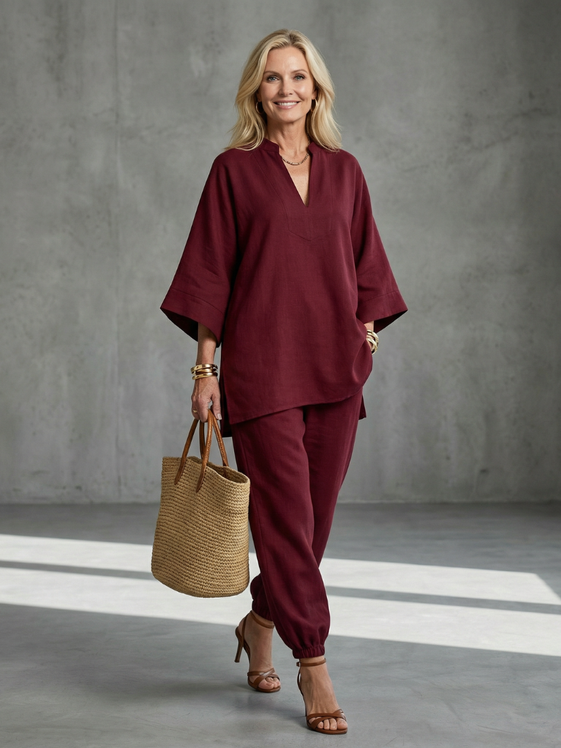 Elegant Relaxed Women's V-Neck Tunic & Gathered Trouser Set
