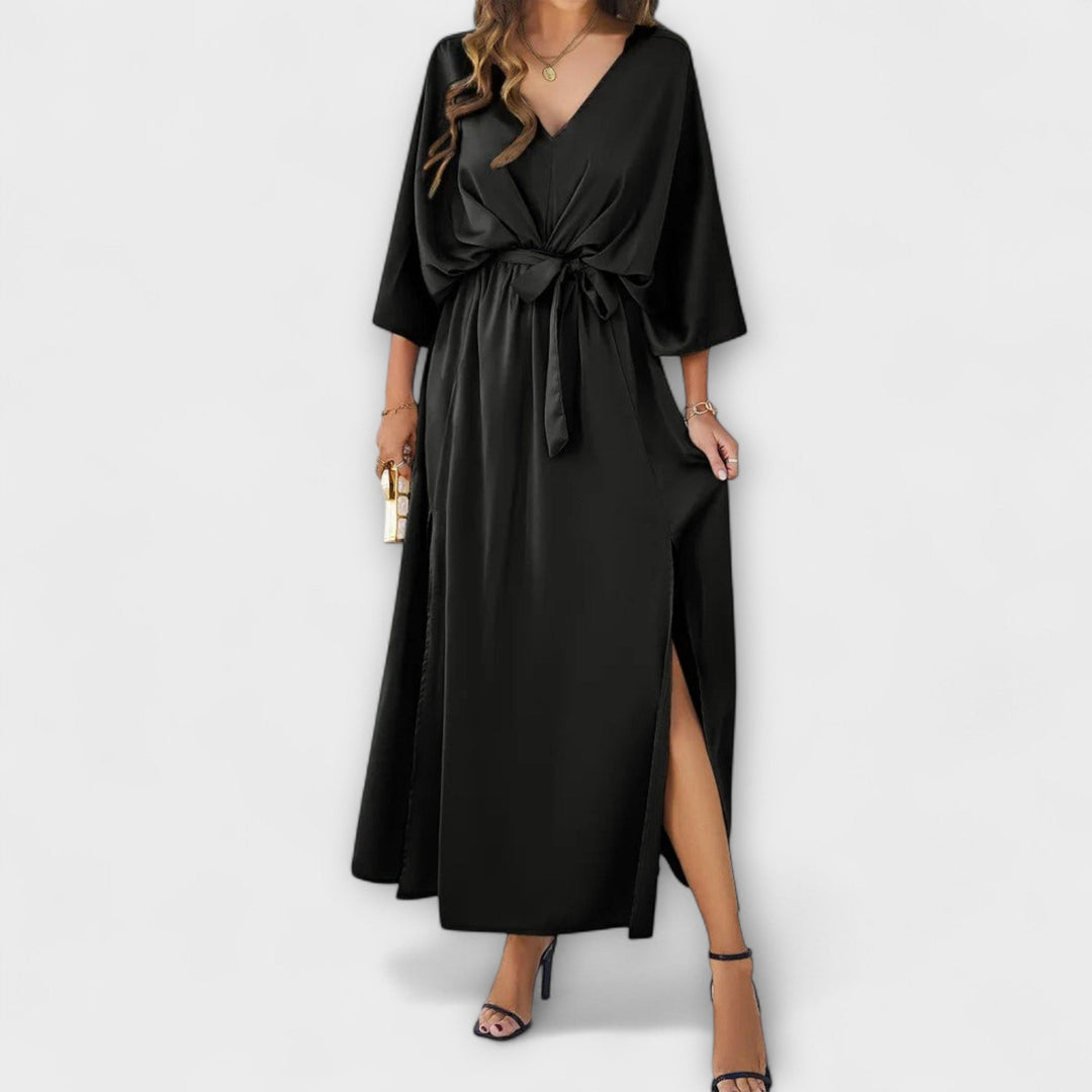 Elegant Women's Maxi Dress with V-Neck and Belt - Champagne