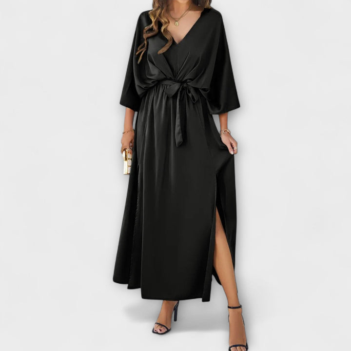 Elegant Women's Maxi Dress with V-Neck and Belt - Champagne