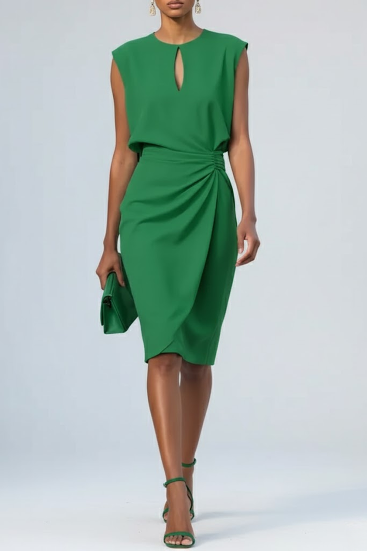 Elegant Ruched Women's Midi Dress with Keyhole Neckline