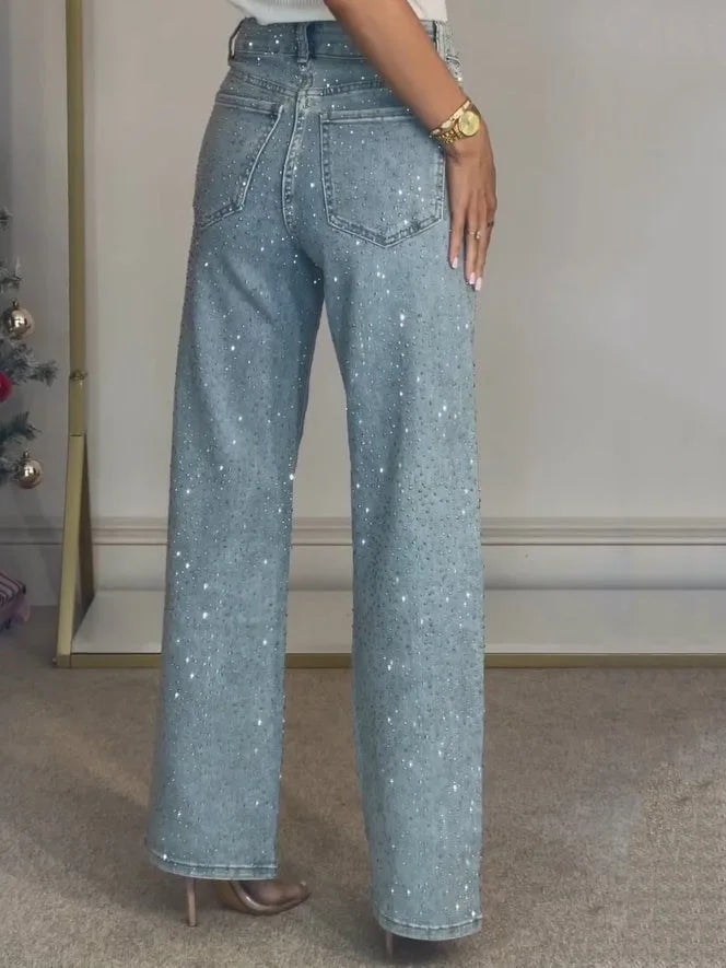 Women's Straight-Cut Jeans with Rhinestone Embellishment