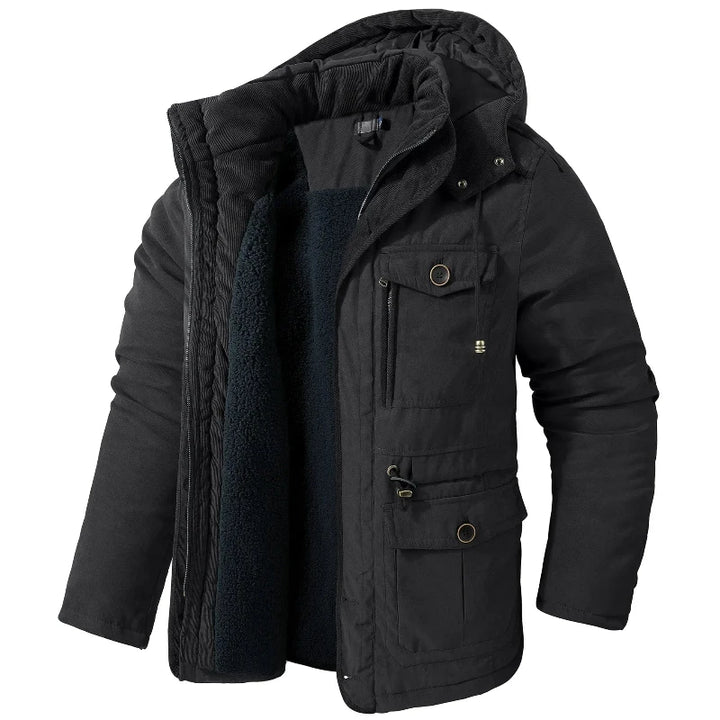 Rugged Men's Winter Jacket with Fleece Lining - Tactical Pockets and Utility Zippers