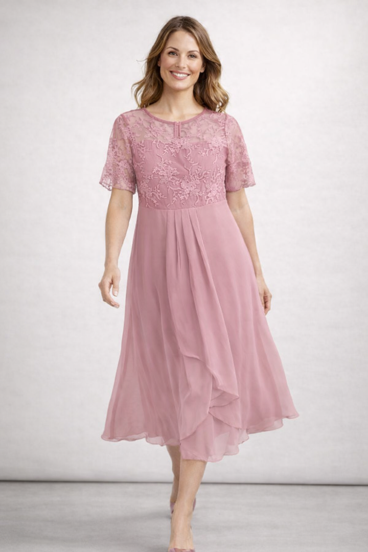 Elegant Lace & Chiffon Short Sleeve Women's Midi Dress