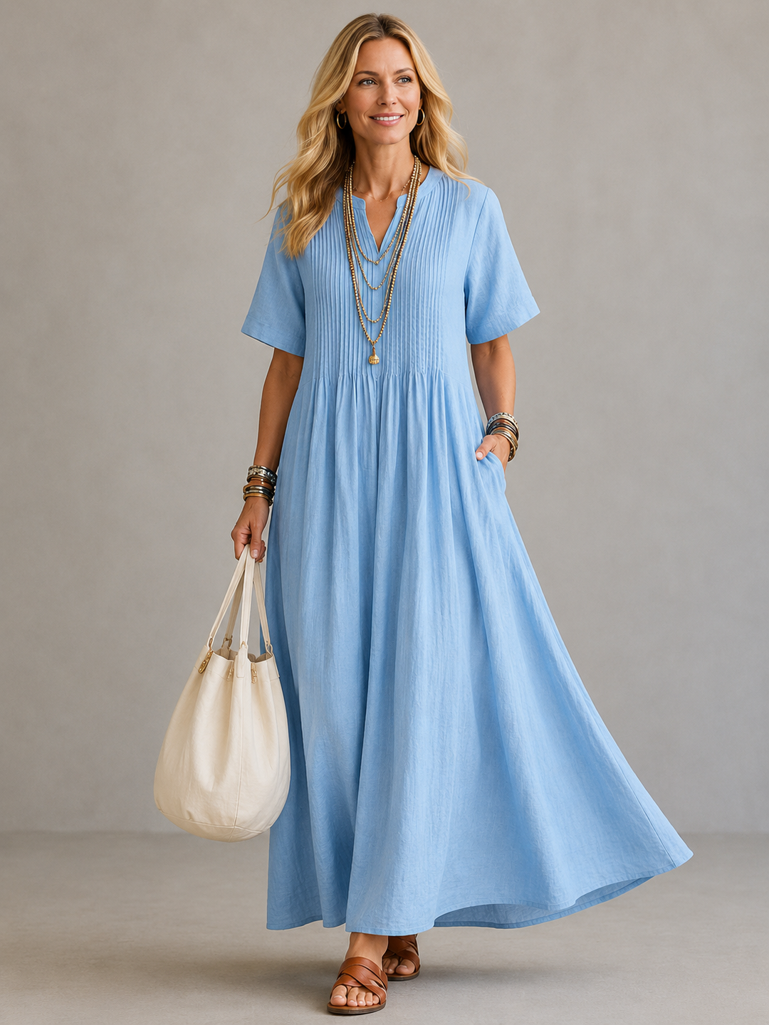 Elegant Breathable Women's Pleated Maxi Dress