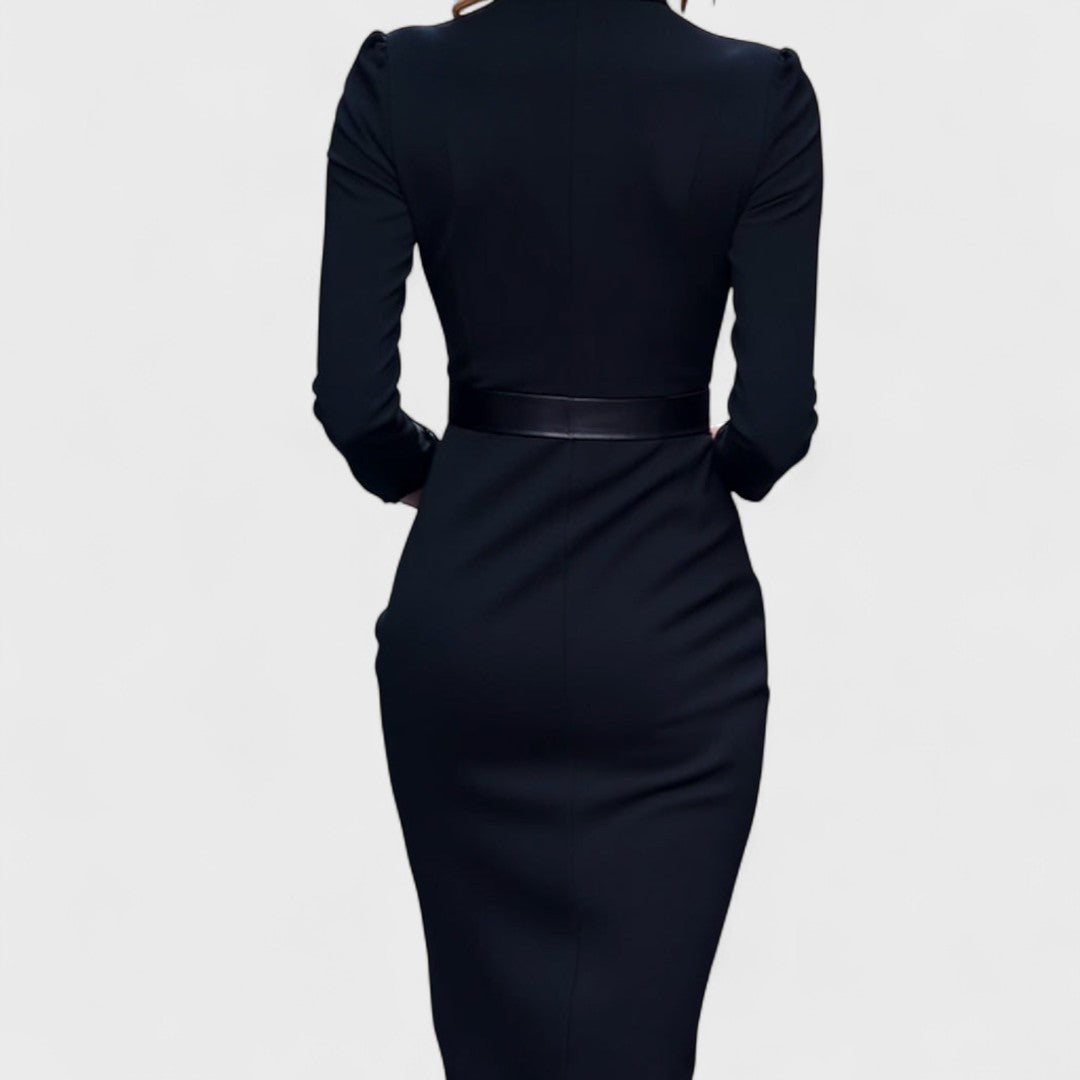 Elegant Women's Dress with Belt and Stand Collar