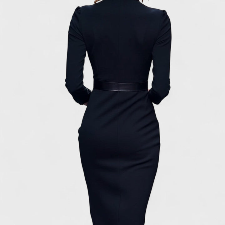 Elegant Women's Dress with Belt and Stand Collar