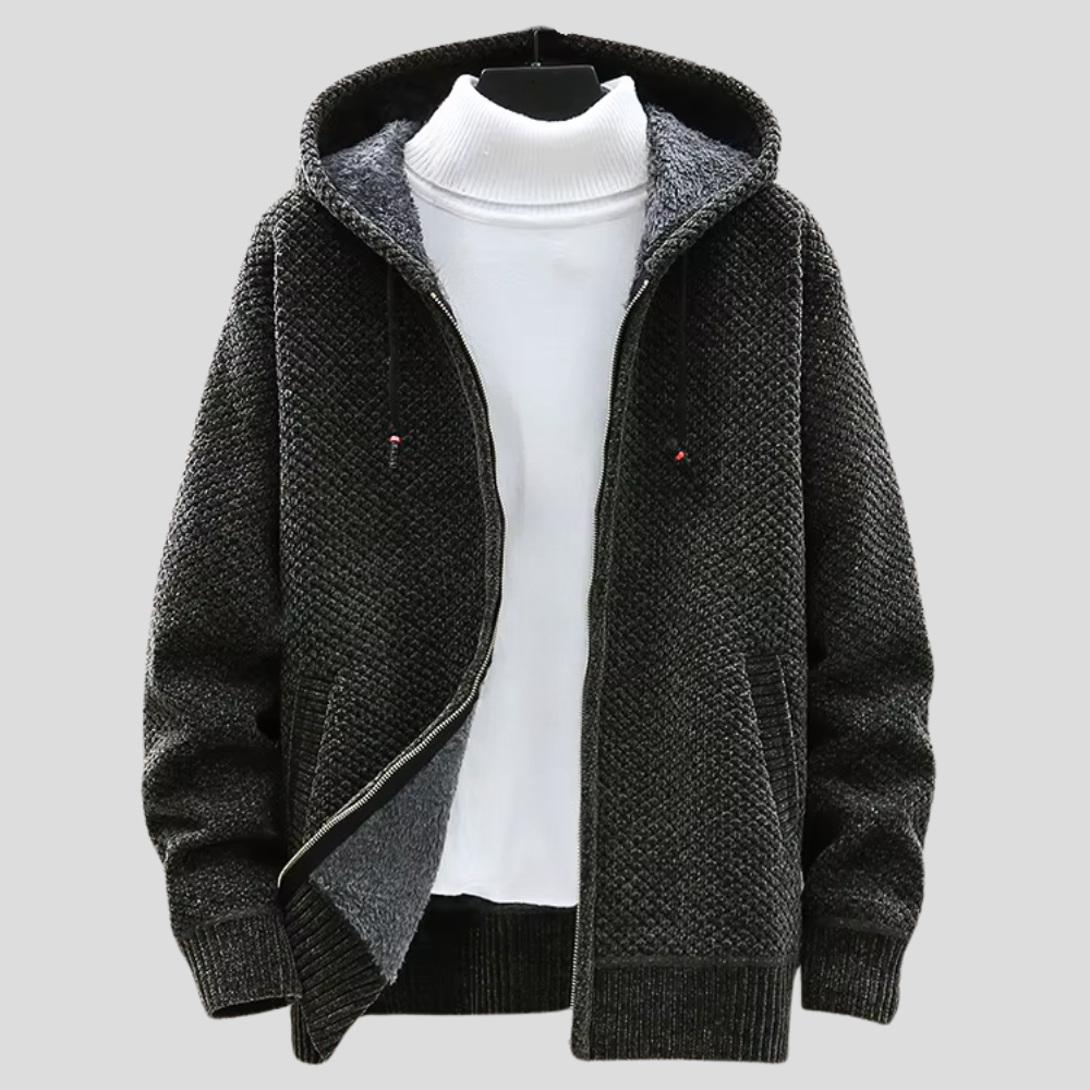 Men's Knit Hoodie with Fleece Lining and Zipper