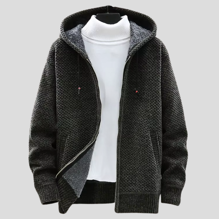 Men's Knit Hoodie with Fleece Lining and Zipper