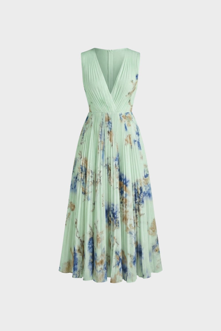 Elegant Pleated Women's Midi Dress with V-Neck