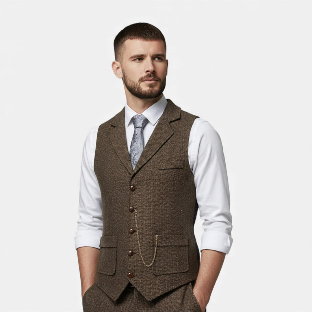 Vintage Tweed Men's Suit Vest with Lapel Chain
