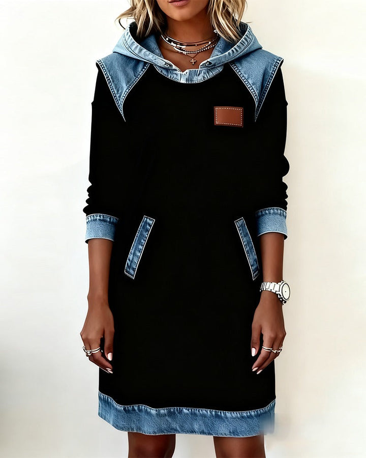 Women's Casual Hoodie Dress with Denim Inserts