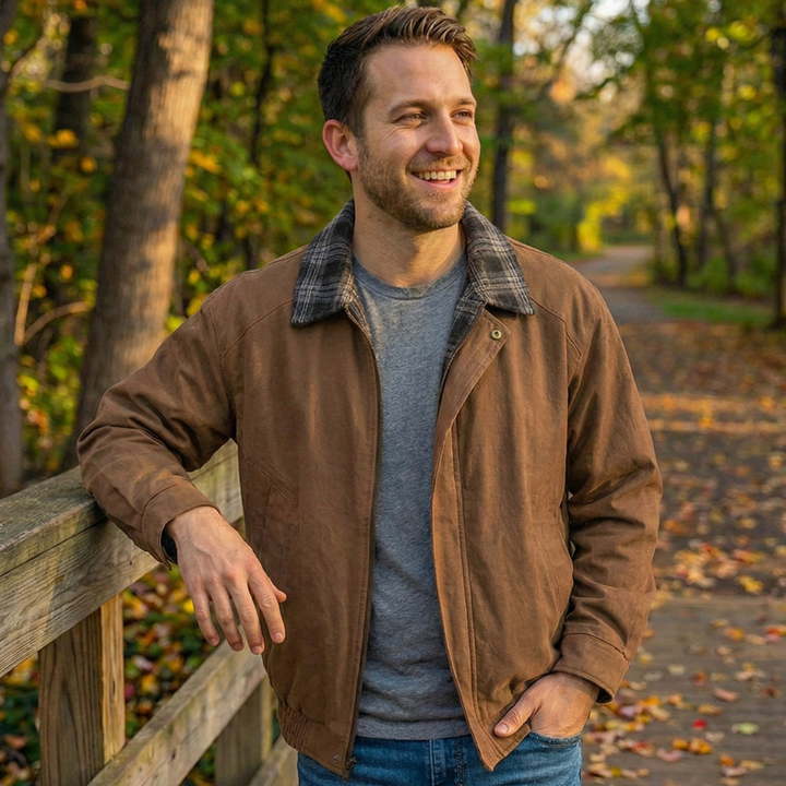 Rugged Men's Layered Jacket with Plaid Details