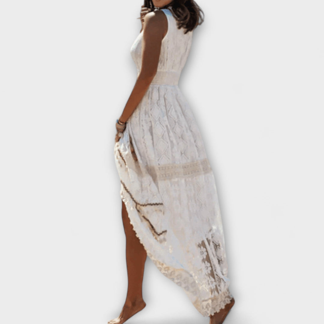 Elegant Women's Boho Maxi Dress with Lace Accents - A-Line Silhouette