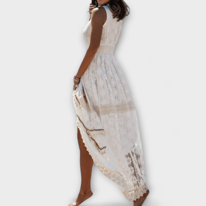 Elegant Women's Boho Maxi Dress with Lace Accents - A-Line Silhouette