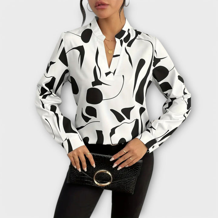 Elegant Women's Blouse with Abstract Pattern and Split Neckline