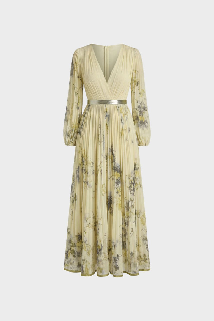 Elegant Pleated Women's Midi Dress with V-Neck