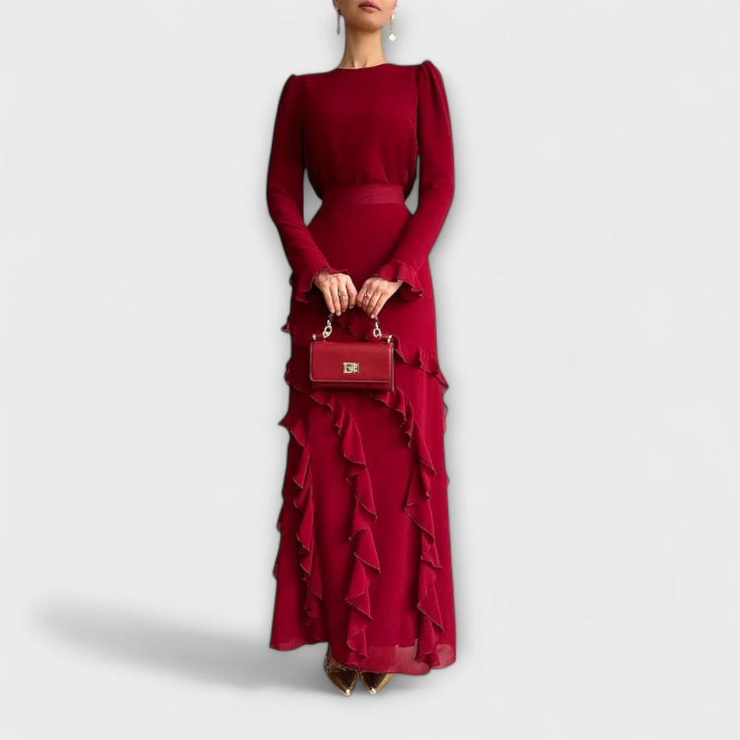Elegant Women's Long Slim Fit Dress with Three-Dimensional Ruffles