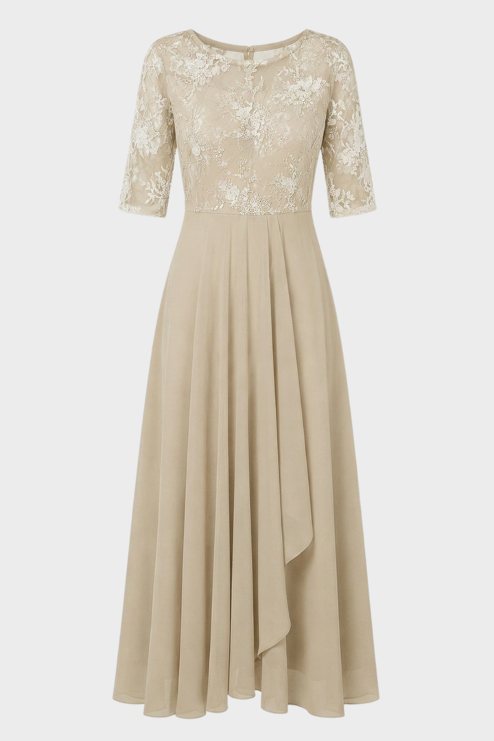 Elegant Festive Women's Chiffon Maxi Dress with Lace Bodice and 3/4 Sleeves