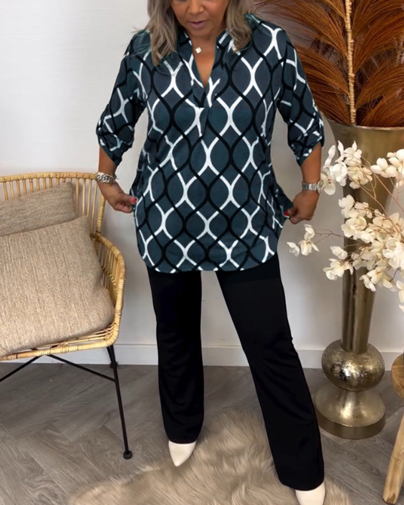 Women's Elegant Long Sleeve Blouse with Geometric Pattern