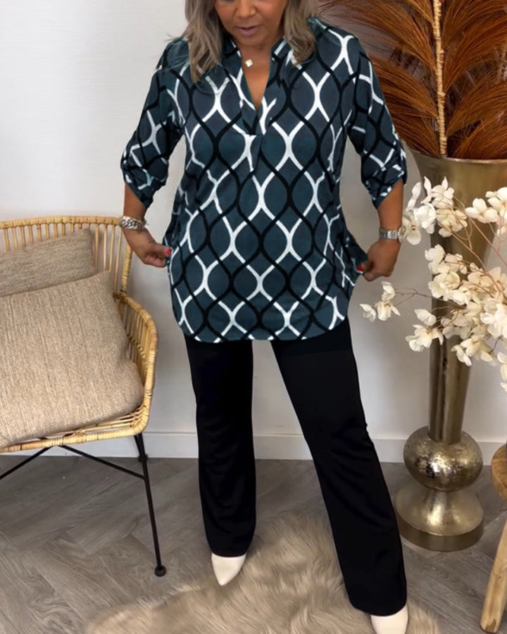 Women's Elegant Long Sleeve Blouse with Geometric Pattern