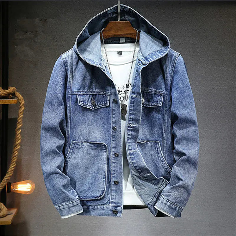 Men's Hooded Denim Jacket - Rugged Denim Hoodie for Casual Streetwear
