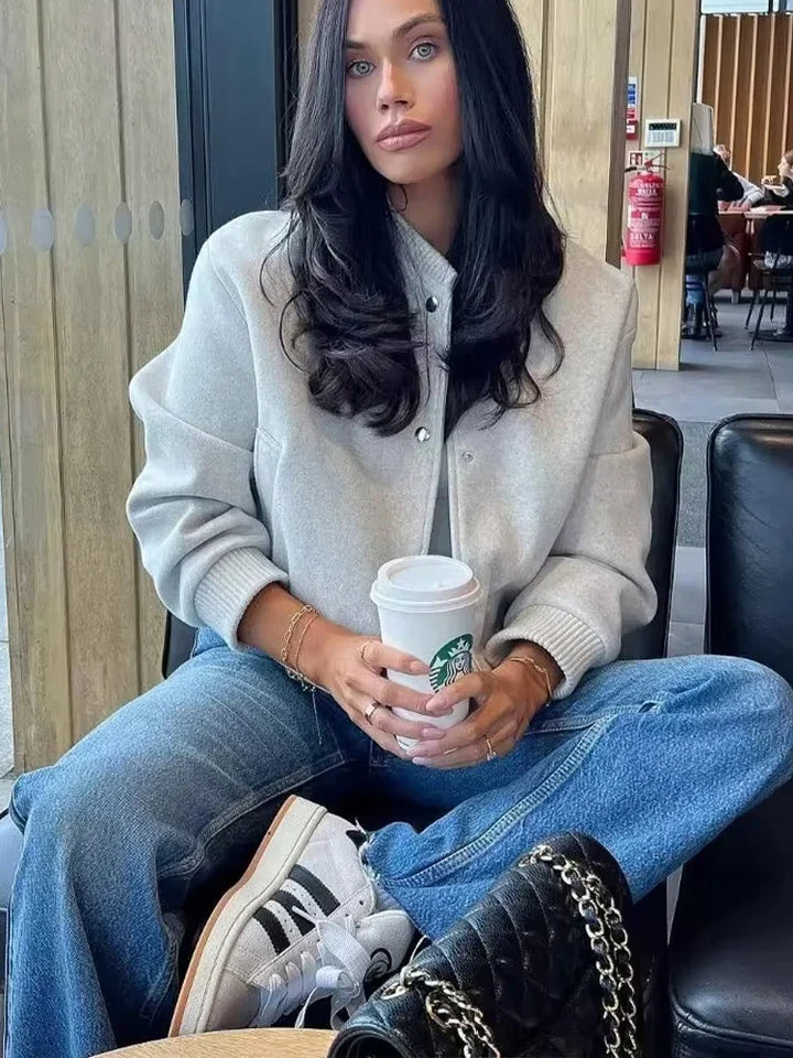 Stylish Cropped Button-Front Women's Bomber Jacket