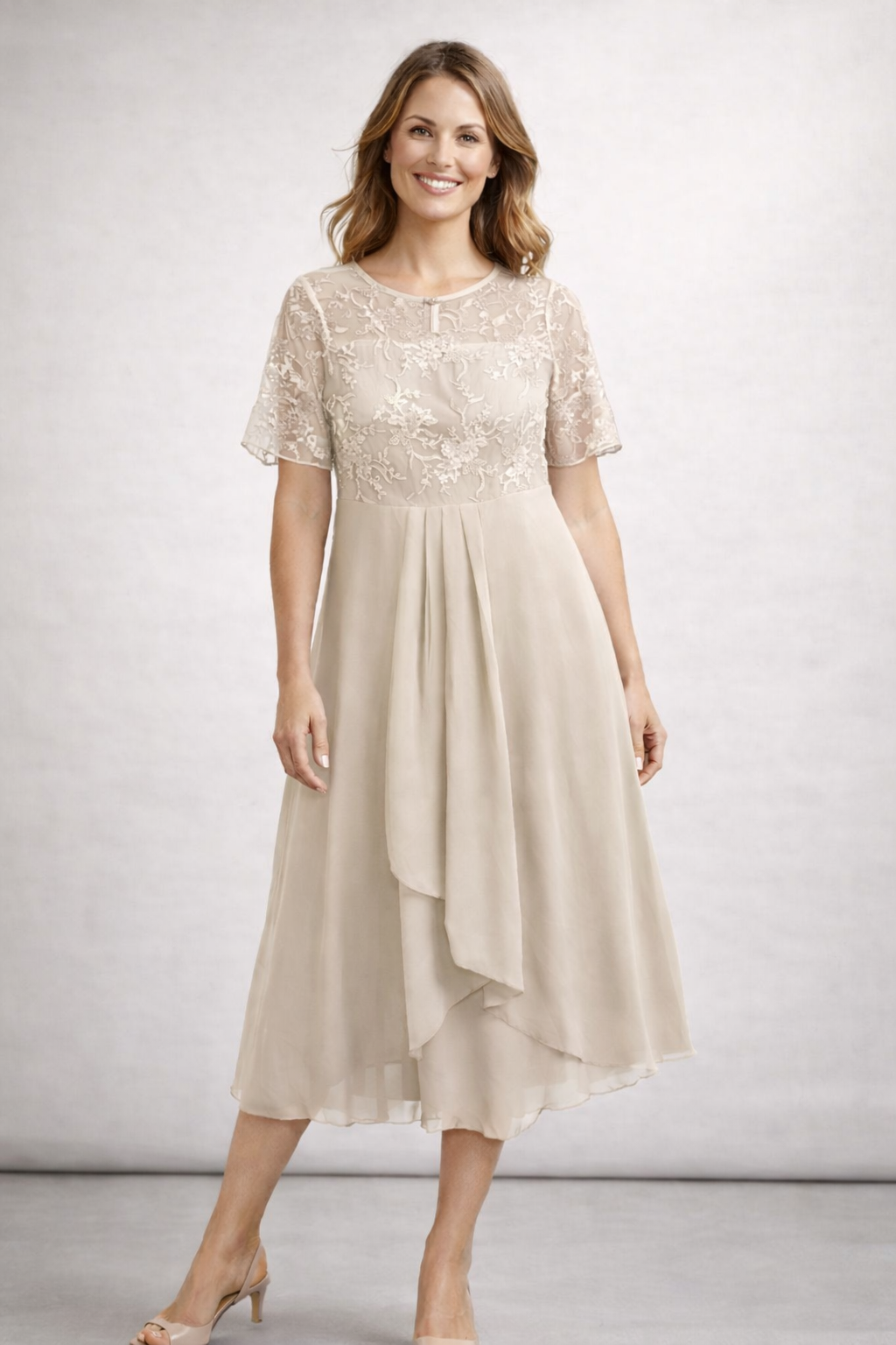 Elegant Lace & Chiffon Short Sleeve Women's Midi Dress